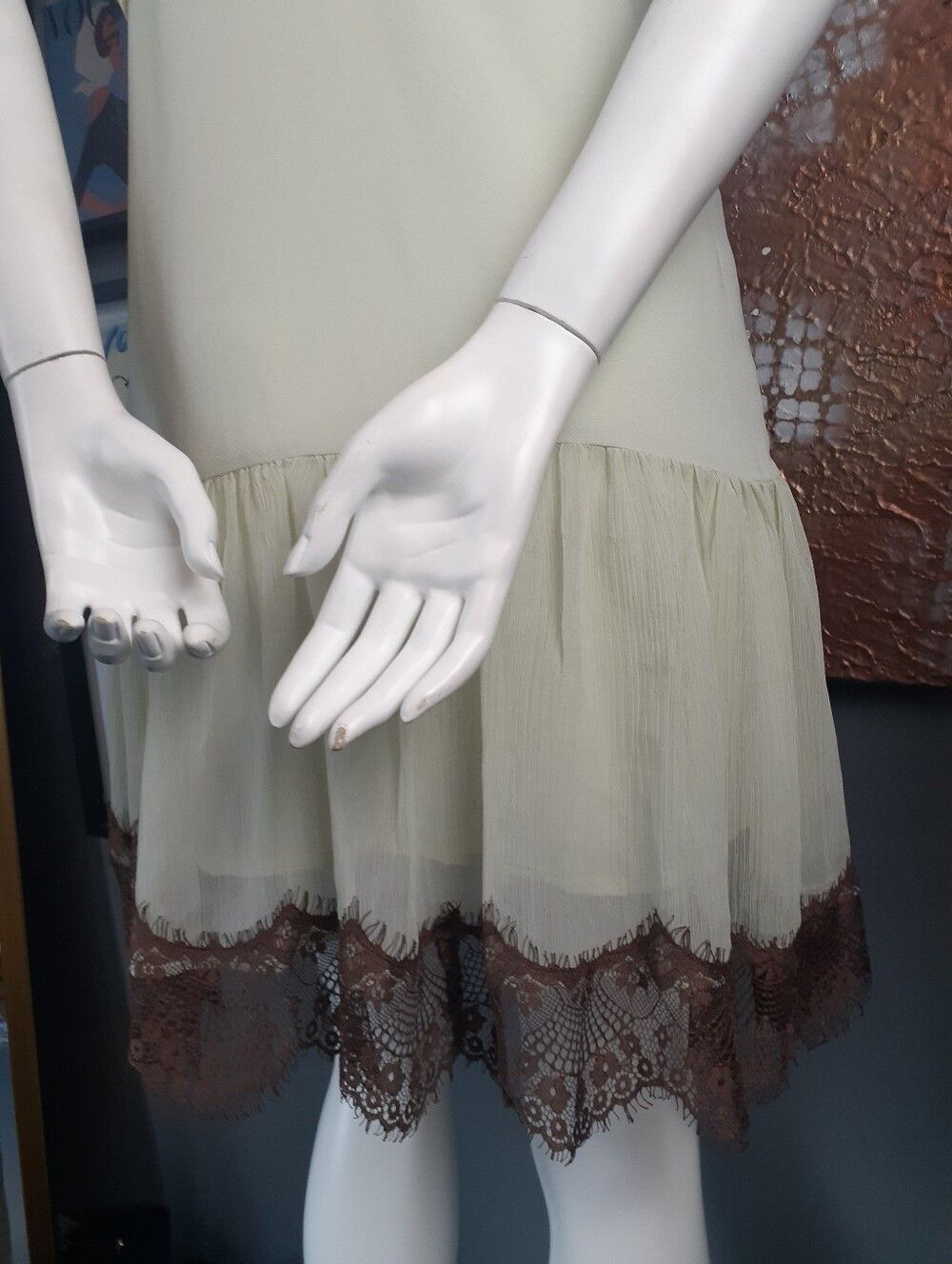 Zara Nwt Lace-Trim Chiffon Slip Dress in Pale Green and Chocolate Brown - Picture 5 of 16
